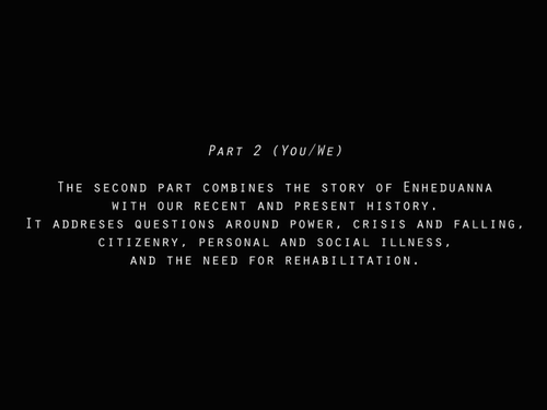 Figure 4. ‘Enheduanna – A Manifesto of Falling’ Live Brain-Computer Cinema Performance, vignette introducing part 2 ‘You/We’. ©2015 The first author.