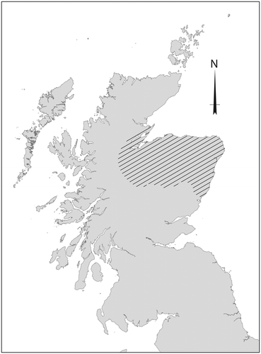 Fig 1 Map of study area, encompassing the north-east of Scotland from eastern Inverness-shire to Aberdeenshire. Illustration by Juliette Mitchell. Base map © Crown Copyright/database right 2016. An Ordnance Survey/EDINA supplied service.