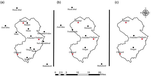 Figure 2. Three network sizes of (a) 15, (b) 10 and (c) 5 rain gauges
