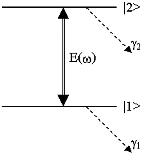 Figure 1. Field-coupled energy-level diagram of a two-level atom with associated decay rates.