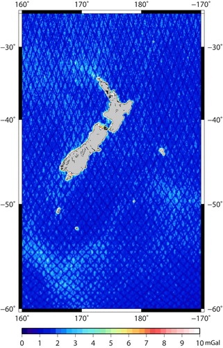 Figure 6. Grid of Sandwell et al. (Citation2014) satellite altimetry-derived gravity anomaly error standard deviation (mGal) (masked on shore) over the region 25°S to 60°S and 160°E to 170°W. The error values are larger in coastal regions.