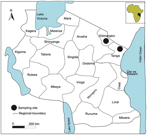 Figure 1. Map showing study sites in Tanzania indicated by dots.