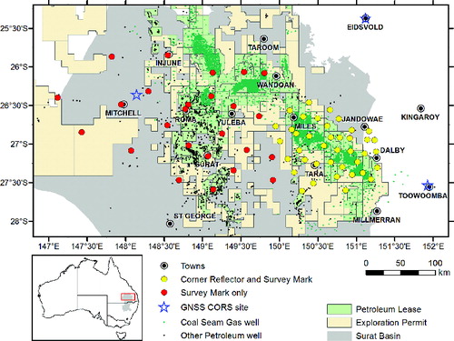 Figure 1 Distribution of 65 new geodetic sites in southern Queensland and locations of three nearby GNSS CORS sites at Mitchell, Eidsvold and Toowoomba. Also plotted are land parcels designated as petroleum leases for production and exploration permits for petroleum, coal seam gas (CSG) wells and other petroleum wells (these data obtained on 11 December 2014 from the Queensland State Department of Natural Resources and Mines’ ‘Queensland Globe’ service). Background grey shading indicates the spatial extent of the Surat Basin.