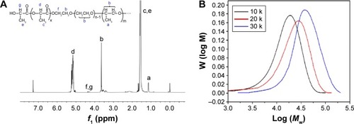 Figure 2 1H-NMR and GPC analysis.Notes:1H-NMR curves (A) and GPC curves (B) of PLA-L35-PLA block copolymers.Abbreviations:1H-NMR, hydrogen nuclear magnetic resonance; GPC, gel permeation chromatography; PLA, polylactic acid; W, weight.