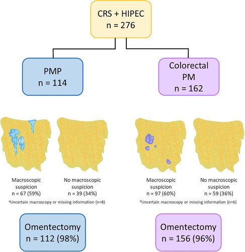 Figure 1. Frequency of macroscopic suspicion of omental metastases and omentectomy in patients with pseudomyxoma peritonei (PMP) or colorectal peritoneal metastases (PM) treated with cytoreductive surgery (CRS) and hyperthermic intraperitoneal chemotherapy (HIPEC).aFor five patients, the surgeon was uncertain, and for three patients, information was missing.bFor five patients, the surgeon was uncertain, and for one patient, information was missing.