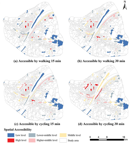 Figure 4. Spatial distribution of SA of UGSs in the urban center of Wuhan.