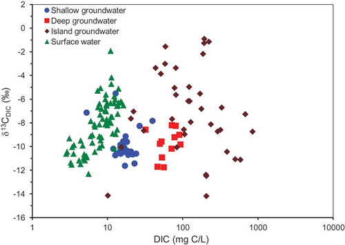 Figure 2. Plot of dissolved inorganic carbon (DIC) vs the stable carbon isotope composition of DIC (δ13CDIC) for shallow groundwater, deep groundwater, island groundwater and surface water.