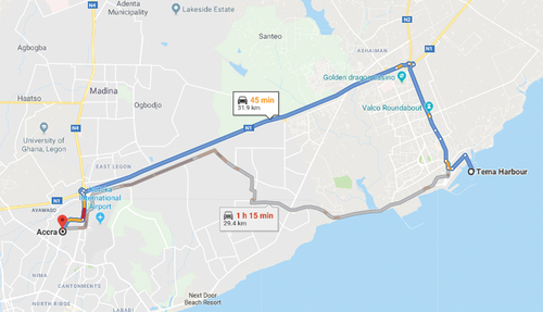 Figure 3. Google map recommended route from Accra city centre to Tema Harbour in Ghana.