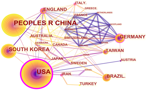 Figure 3 Map of countries cooperation network on acupuncture treatment for postoperative pain.