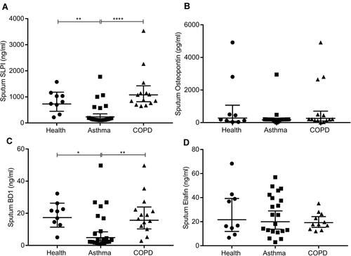 Figure 1 Comparison of peptide levels in sputum from healthy donors (n=9), asthmatics (n=21) and patients with COPD (n=14) tested in duplicate. (A) SLPI, (B) osteopontin, (C) elafin and (D) beta defensin-1. Data shown as geometric mean and 95% confidence intervals. Significant differences represented as *p<0.05, **p<0.01, ****p<0.0001.