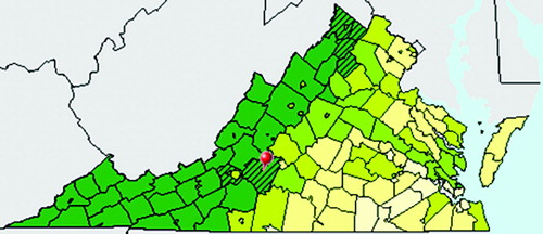 Figure 1. Choropleth map of Percent of Population who are White Alone, taken from the US Census Bureau American FactFinder web mapping tool. Counties with diagonal lines have values that are statistically indistinguishable from the user selected county, shown with a red pushpin.
