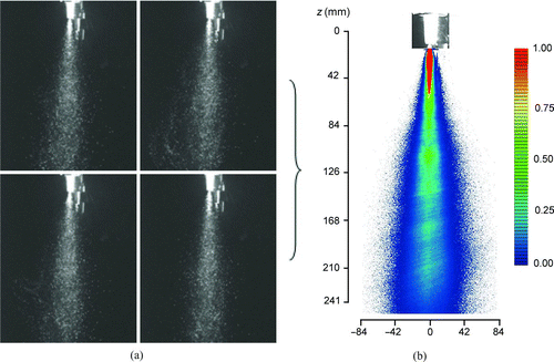 FIG. 3 (a) Four sample images of the spray highlighting the fluctuating properties of the spray plume. (b) Averaged spray plume color map created by overlaying each of the 900 individual spray images. The scale/legend represents the percentage of images that contain spray droplets. The vertical axis is in the z-coordinate and units in millimeters. (Color figure available online.)
