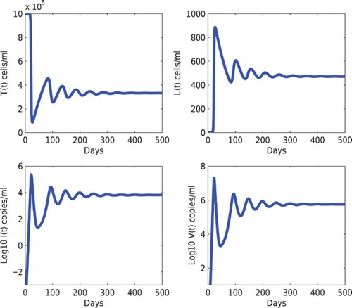 Figure 1. Stability of the infected steady state of model (Equation1(1) dT(t)dt=s−dTT(t)−βT(t)V(t)−kT(t)I(t),dL(t)dt=fβT(t−τ1)V(t−τ1)e−δ1τ1+ηkT(t−τ1)I(t−τ1)e−δ1τ1−(α+δL)L(t),dI(t)dt=(1−f)βT(t−τ2)V(t−τ2)e−δ1τ2+(1−η)kT(t−τ2)I(t−τ2)e−δ1τ2−δI(t)+αL(t),dV(t)dt=NδI(t)−cV(t),(1) ). The initial condition is (1.0×106,0,0,1.0×10−3). When the infection rates are chosen to be β=2.4×10−8mlday−1 and k=1×10−6mlday−1, the basic reproduction number is R0=3.0>1. The solution converges to the infected steady-state E∗=(3.3×105,471,6.5×103,5.7×105). The other parameters are given in Section 5.