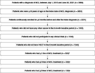 Figure 1. A flowchart of patient attrition.aPatients without a noted line of therapy in the billing code database were excluded from this analysis.HSCT: Hematopoietic stem cell transplantation; MCL: Mantle cell lymphoma.