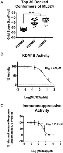 Figure 2. ML324 demonstrates inhibitory activity towards KDM4B and causes dose dependent immunosuppression. The KDM4A-E protein crystal structures were subjected to unbiased docking of ML324 where the top 30 conformers in the active site were used for analysis (a). KDM4A and C had no poses of ML324 dock into the active site of these enzymes, therefore this data is not displayed. Inhibition of KDM4B was assessed using an 11-point IC50 determination using the histone demethylase AlphaScreen (PerkinElmer) assay in triplicate resulting in an IC50 of 4.9 μM (b). The EC50 for immunosuppression using ML324 was determined to be 31 μM by measuring supernatant IL-6 protein following a 24h Aa-LPS stimulation with variable concentrations of ML324 in primary BMDM cells (c). Cells were treated for 1h with each indicated concentration of ML324, followed by Aa-LPS challenge for 24h. The data were normalized as a percentage of the maximal IL-6 response in response to LPS. Data for all panels are represented as mean ± SD. n = 4.