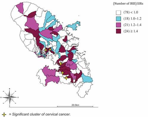 Figure 2. Spatial distribution by IRIS of in situ and invasive cervical cancer – Martinique, French West-Indies, 2002–2011. Note: There are five significant clusters of cervical cancer.