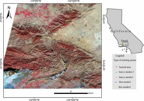 Figure 3. The spatial distribution of the training points for the “Thomas” wildfires occurred on 4 December in southern California (the Sentinel-2B image was acquired on 8 December, 2017 and is illustrated with band 8/4/3). The left panel with training points of different colors is the zoom-in area in the black rectangle of the top right panel. The training points for each class of burned area, heavy smoke2, heavy smoke1, thin smoke1, and thin smoke2 are rendered in red, green, orange, blue, and yellow colors, respectively.