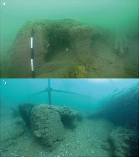 Figure 20. Photo A) the mast cap as found in 2016. Image B) mast cap leaning against possible platform beam. Mast caps joined the tops of the lower masts to the upper mast. The square hole slotted onto a square tenon at the top of the lower mast and the upper mast passed through the circular hole. The scale is 50 cm with 10 cm increments (photos by Daniel Pascoe).