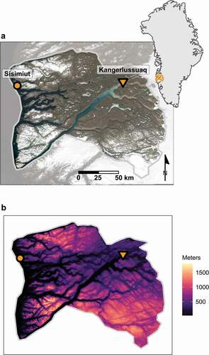 Figure 1. The Kangerlussuaq–Sisimiut region of west Greenland (indicated by the orange polygon on inset) is bounded on all sides by the Davis Strait, Nordre Isortoq Fjord, the Inland Ice, and the Sukkertoppen ice cap (starting at the west, clockwise). Two villages in the region, Kangerlussuaq and Sisimiut, are designated by an orange inverted triangle and circle, respectively. (a) Data in the satellite image were generated using a median composite of all June imagery collected by Landsat 8 (2013–2018). Image product courtesy of the U.S. Geological Survey. (b) Elevation across the region is variable, with inland terrain lying closer to sea level, whereas coastal and southern areas are more mountainous