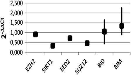 Figure 2. PcG, BID, and BIM genes expressions were determined in K562 and K562/IMA-3 cell lines by real-time RT-PCR.