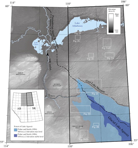 Figure 1. Location map showing northeast Alberta and northwest Saskatchewan. Major locations of physiographic features, including the northwest outlet of Lake Agassiz, the Precambrian Shield boundary, the Cree Lake Moraine and the extent of glacial Lake Agassiz are labelled. The bordering area within Alberta has been previously mapped by Atkinson, Utting, and Pawley (Citation2014a). Area of mapping corresponding to this study is outlined in bold. The locations of figures 2A-G and 3A-D are marked by white rectangles.