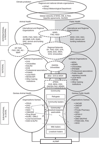 Fig. 2 Schematic diagram of RVF and OH stakeholders and coordination/cooperation structures. ALRMP, Arid Lands Resource Management Programme; APHIA II, AIDS, Population and Health Integrated Assistance Program; AU-IBAR, African Union Inter Bureau of Animal Resources; CBAHW, Community-Based Animal Health Workers; CDC, Centre for Disease Control and Prevention; CHW, Community Health Workers; DAO & DLPO, District Agriculture Officer & District Livestock Production Officer; DMO-MS/PHS, District Medical Officers, Medical Services/Public Health and Sanitation; DVO, District Veterinary Officer; DVS, Department of Veterinary Services; EAC, East African Community; FAO, Food and Agriculture Organisation of the United Nations; GF-TAD, Global Framework for Transboundary diseases; GLEWS, Global Early Warning System; IAWG, Interagency Working Group; ICIPE, International Centre for Insect Physiology and Ecology; ICPAC, IGAD Climate Predictions and Applications Centre; IGAD, Inter Governmental Authority on Development; ILRI, International Livestock Research Institute; IPR/NMK, Institute of Primate Research of the National Museums of Kenya; KALRO, Kenya Agricultural and Livestock Research Organisation; KEMRI, Kenya Medical Research Institute; KEVEVAPI, Kenya Veterinary Vaccines Production Institute; KLMC/DMLC, Kenya/District Livestock Marketing Council; KVB, Kenya Veterinary Board; MOH, Ministries in charge of Health; NGO, Non-Governmental Organisations; OHCEA, One Health Central and East Africa Network; OIE, World Organisation for Animal Health; PDMO-MS & PHS, Provincial Medical Officer Medical Services and Public Health and Sanitation; PDVS, Provincial Director of Veterinary Services; PSAHS, Private Sector Animal Health Service; PSPHS, Private Sector Public Health Service; UNHCR, United Nations High Commission for Refugees; UNICEF, United Nations Children Education Fund; WHO, World Health Organization; ZDU, Zoonotic Disease Unit; ZTWG, Zoonotic Technical Working Group.