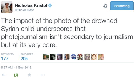 Figure 1 Nicholas Kristof's tweet in September, 2015 acknowledged the essential role played by photojournalism within the larger domain of journalism.