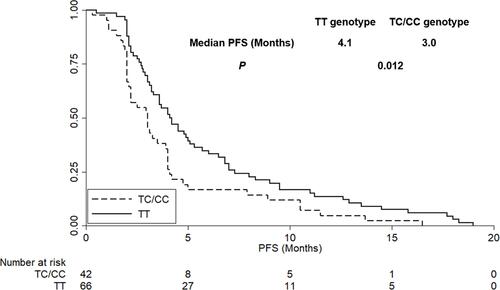 Figure 5 The progression-free survival of the 108 patients with chemotherapy-refractory metastatic CRC according to KDR rs2071559 genotype status.