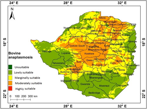 Figure 11. Bovine anaplasmosis suitability across districts of Zimbabwe.