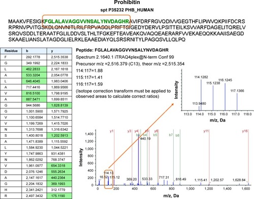 Figure 4 Proteome analysis shows a slight regulation of prohibitin, particularly after combined treatment with nimesulide and cisplatin. MS/MS spectra are shown for two iTRAQ-labeled peptides from prohibitin with high (99%) confidence, using ProteinPilot software. Reporter peaks at m/z =114.1 reflecting combination therapy are considerably more prominent than reporter peaks reflecting single-drug therapy (m/z =115.1 nimesulide, m/z =116.1 cisplatin) or control samples (m/z =117.1).