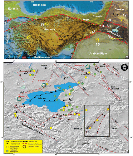 Figure 1. (a) Location of the study area and block boundaries from Reilinger et al. (Citation2006) and Djamour et al. (Citation2011). (b) Seismotectonic map of Lake Van Basin and its surroundings (fault from Karakhanian et al., Citation2004; Koçyiǧit et al., Citation2001) (earthqukae from Ambraseys & Finkel, Citation1995; Ergin, Güçlü, & Uz, Citation1967; Soysal, Sipahioğlu, Kolcak, & Altınok, Citation1981; Tan, Tapırdamaz, & Yörük, Citation2008).