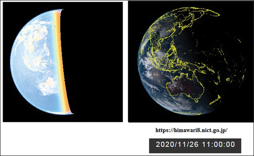 Figure 10. Comparison of the calculated image for the GMS satellite (Himawari-5) and the image from the Himawari 8 satellite.