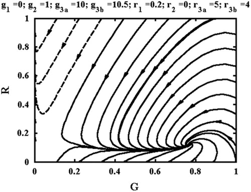 Figure 5 Phase portrait for government in power, but with government and rebels both playing a reactive strategy depending on G.