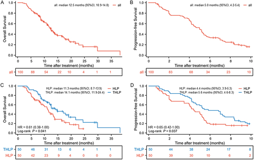 Figure 2 Kaplan-Meier curves of (A) overall survival in all patients; (B) progression-free survival in all patients (C) overall survival in two groups; and (D) progression-free survival in two groups.