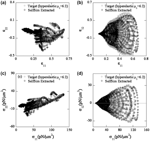 Figure 9. Comparison of extracted stress–strain response after SelfSim learning using synthetic target measurement and the target stress–strain response.