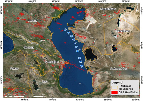 Figure 1. Geographic location of the Caspian Sea and oil and gas fields under the exploitation in the Caspian Sea.