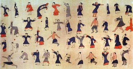 Figure 2 Daoyin gymnastic exercises depicting 44 persons in different postures on silk paper from more than 2000 years ago. Daoyin is a kind of stretching and relaxing gymnastics for health improvement and disease prevention.