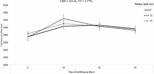 Figure 5. Interaction effects of planting depth and time of earthing-up on leaf area of potato.