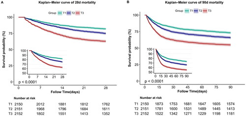 Figure 2. (A): Kaplan–Meier curve of 28-day mortality for patients with SA-AKI. (B) Kaplan–Meier curve of 90-day mortality for patients with SA-AKI.