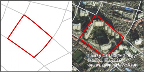 Figure 2. An example of a street-block (marked in read, other roads in grey), without (left) and with (right) optical satellite image.