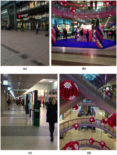 Figure 2. The Kamppi Centre in downtown Helsinki. (a) The Entrance to the Kamppi Centre and Sewer Lids; (b) The Indoor Shopping Plaza; (c) Long Corridor on the Ground Floor of the Kamppi Centre; (d) Different Floors in the Kamppi Commercial Centre.