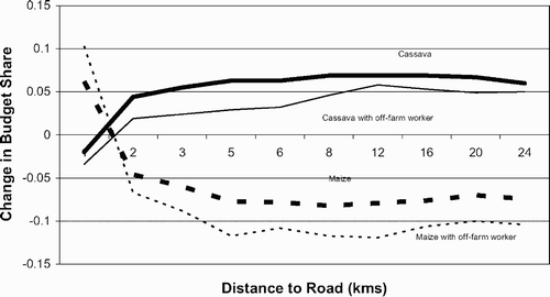 Figure 7: Change in budget share (trimester 3 minus trimester 1) by distance to road for cassava and maize