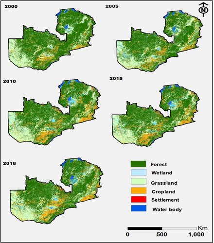 Figure 3. Land cover map for the period between 2000 and 2018. Land covers such as settlements are not clearly visible on the map because of the area they (<1%) occupy compared to the whole study area.