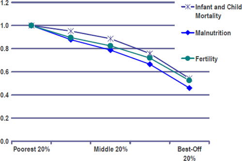 Fig. 2 Economic inequalities with respect to selected indicators of health, nutrition and population status (Citation17) (the findings are expressed in relative terms, with the level prevailing in the poorest quintile set at 1.0).