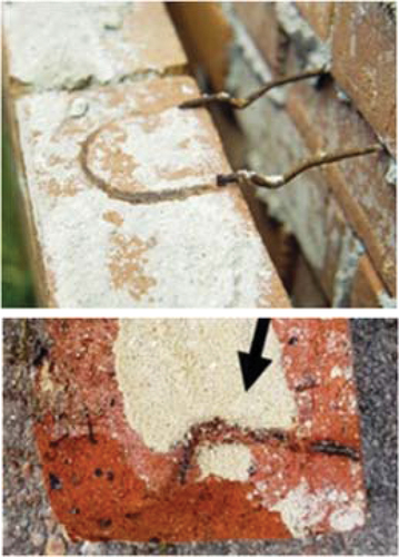 Figure 2. Loss of wall-tie connection, corrosion and mortar degradation.