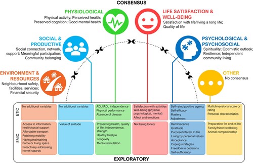 Figure 4. Conceptual model of positive ageing for community-dwelling older adults illustrating consensus and exploratory factors across etic and emic perspectives. Note. Consensus statements refer to the similarities across etic and emic perspectives; exploratory statements refer to the discrepancies between perspectives.