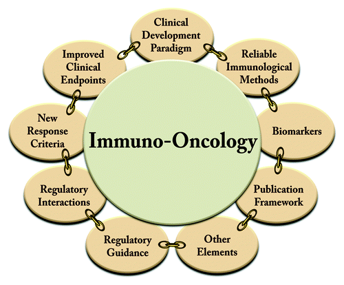 Figure 1. The immuno-oncology framework provides a set of methodological improvements for the development of cancer immunotherapies, which are tailored to this class of therapies. Each component addresses a relevant piece of the drug development process and was evolved out of a community consensus approach through the immunotherapy organizations CIC and CIMT. The framework is expected to expand with ongoing evolution of the field.