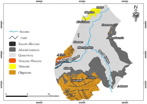 Figure 4. Geological map (1:50.000) showing the main outcrops of the Oligo-Quaternary in Mornag plain (Source: La Goulette and Tunis).