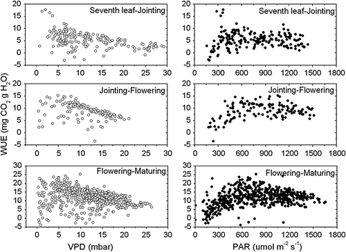 Fig. 8  The relationship between PAR, VPD and WUE on typical clear days during the growing season of maize at Yucheng.