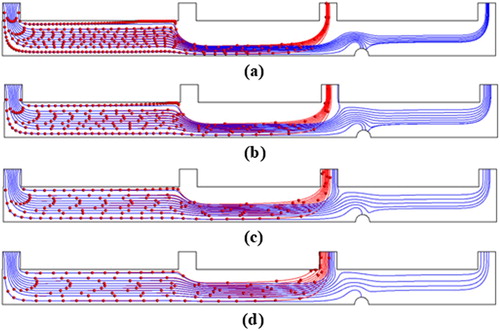 Figure 10. Microparticles’ separation in microfluidic device for different inlet flow rate ratio (a) m˙1/m˙2=0.25, (b) m˙1/m˙2=0.5, (c) m˙1/m˙2=1, (d) m˙1/m˙2=2 (L3 = 9 mm, vch = 1 mm/s, m˙3/m˙4=2.2, Hbias = 0.5 Tesla; Display full size 10 µm microparticle, –––– 1 µm microparticle).